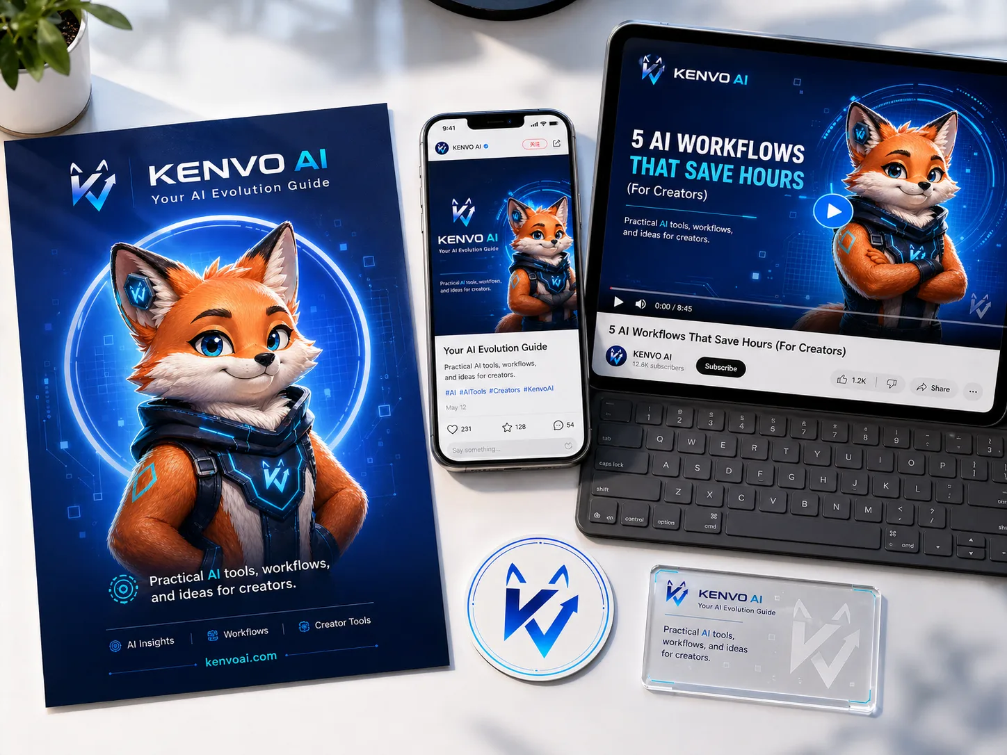 KENVO AI 在内容封面、手机和视频场景中的呈现